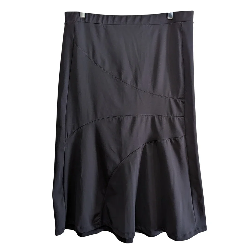Halara Womens XL Black Midi Skirt Curved Seam Flare Stretch Minimalist Stretch